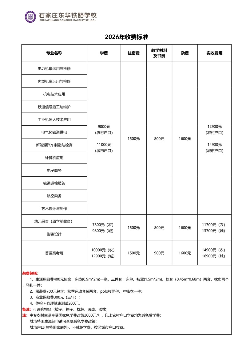 石家莊東華鐵路學(xué)校2026年秋季招生學(xué)費(fèi)多少錢(qián)？有資助政策嗎？